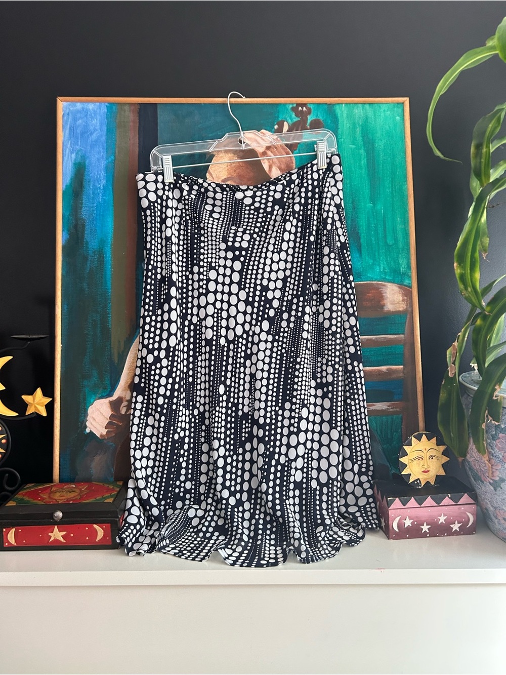 Anne Klein Black White Polka Dot A-Line Midi Skirt Size 8 Retro Mod
